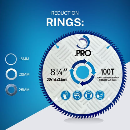 TCT Circular Saw Blade - 210mm 100T (30mm Bore + 25,20,16mm Reduction Rings)