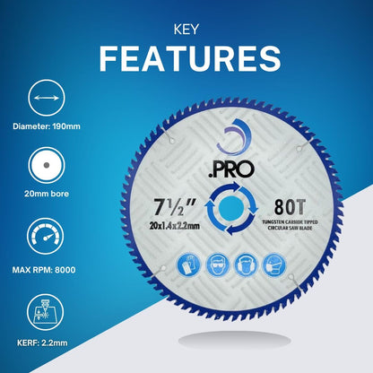 TCT Circular Saw Blade - 190mm 80T (30mm Bore + 25,20,16mm Reduction Rings)